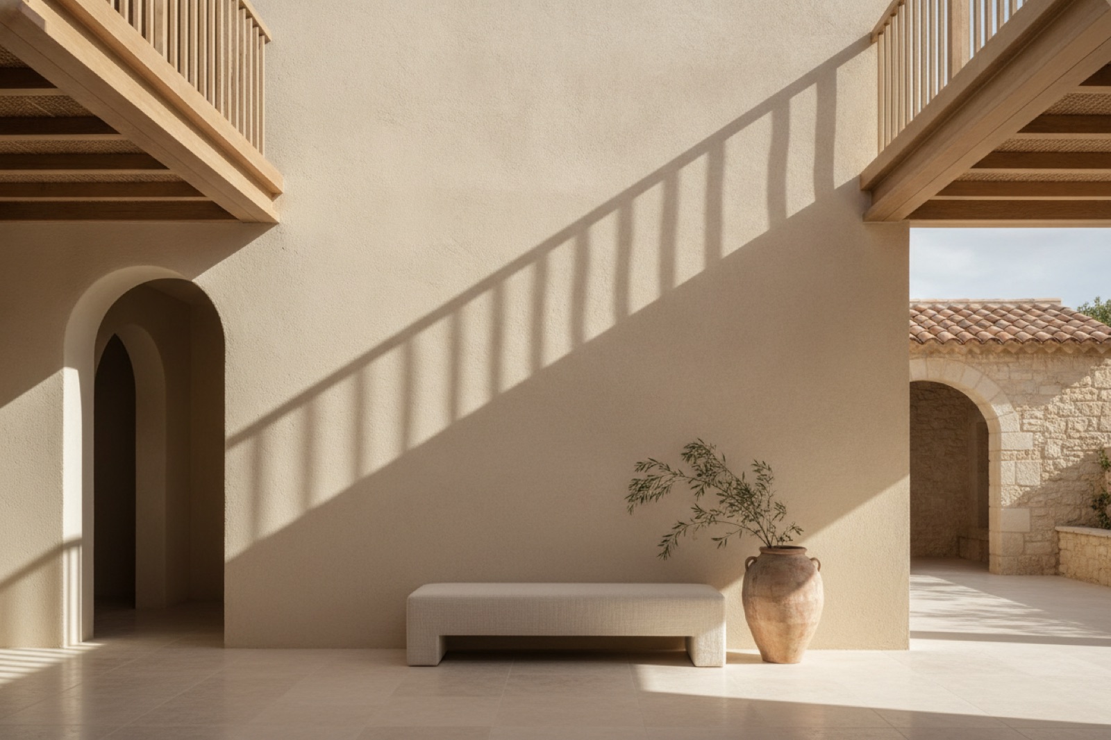 Patio interior del estudio bañado por la luz
